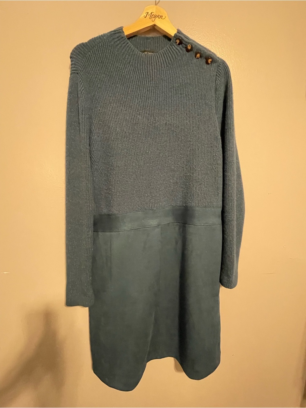 Ann Taylor Teal Knit and Suede Long Sleeve Dress